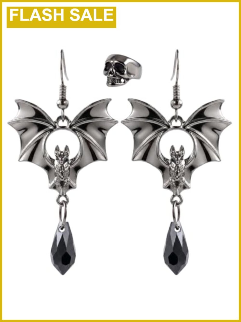 Bat Earrings & Skull Ear Cuff 3 Pc Gothic Halloween Jewelry Set